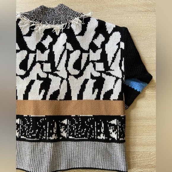 Attitudes by Renee Cardigan Sweater Fringe Black White Funky Whimsical Eclectic - Picture 5 of 9